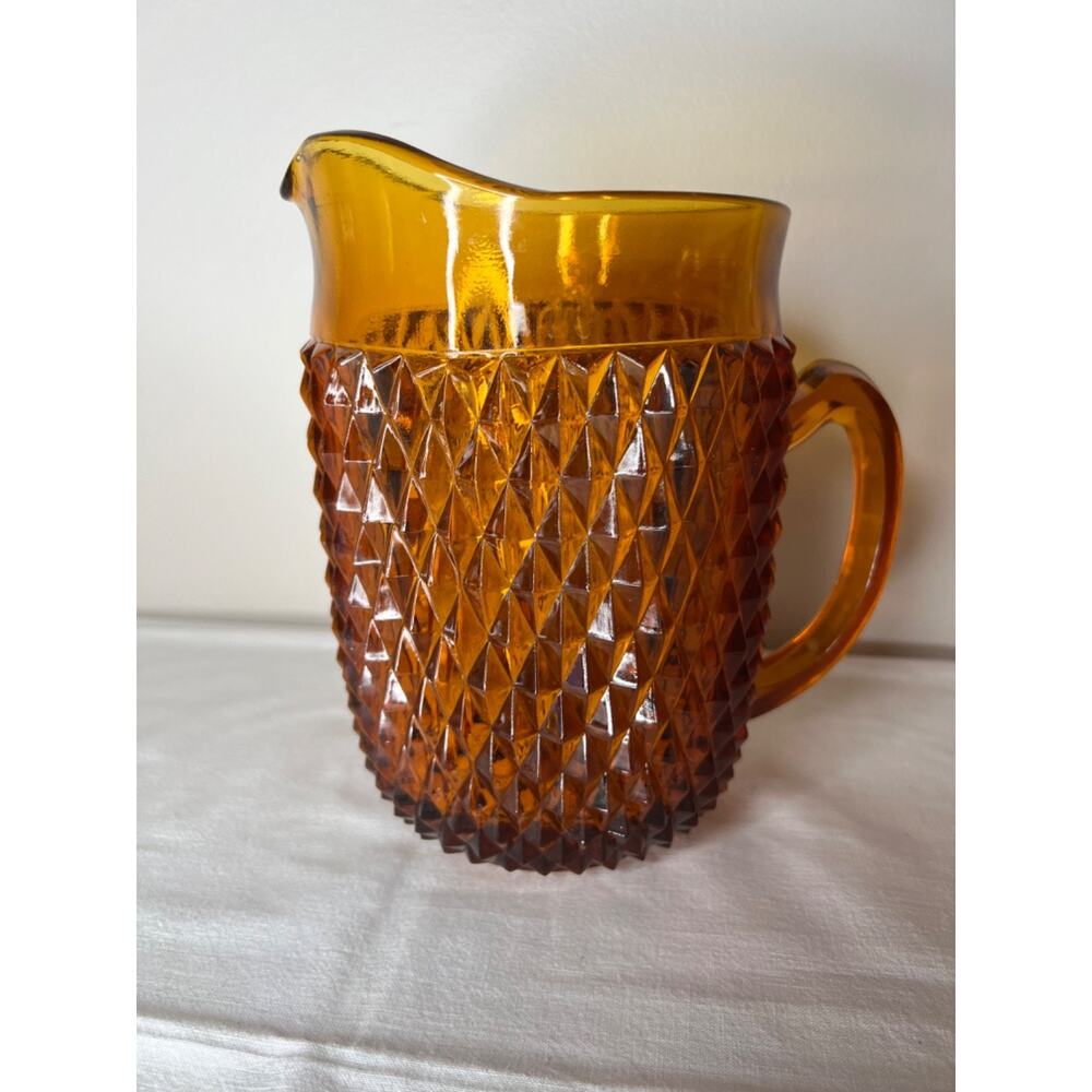 Vintage Indiana Glass Diamond Point Amber Heavy 52 Oz 7 5/8” Pitcher EUC